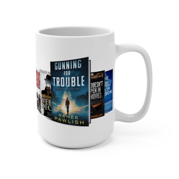 Mug 15oz - Renée Pawlish upright book banner, Gunning for Trouble front